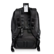Load image into Gallery viewer, Briggs & Riley ZDX Cargo Backpack - Black
Image of Retractable ID Tag on Back Panel
Dimensions:  18 x 12 x 8.8"
Weight:           2.1 lbs.