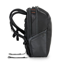 Load image into Gallery viewer, Briggs & Riley ZDX Cargo Backpack - Black
Image of left side panel pocket and side view of backpack
Dimensions:  18 x 12 x 8.8"
Weight:           2.1 lbs.