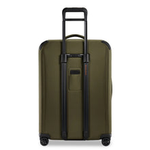 Load image into Gallery viewer, Briggs & Riley ZDX Large Expandable Luggage - Hunter Green
Image of Back Panel View, showing retractable ID Tag, as well has telescoping handle in extended position
	Height	Width	Depth	Weight
US	 29"	         20"	         12"	        11.4 lbs.
EU	73.7 cm	 50.8 cm	 30.5 cm	5.2 kg