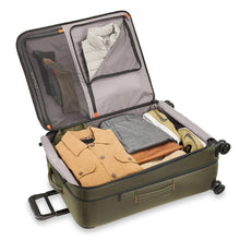 Load image into Gallery viewer, Briggs & Riley ZDX Large Expandable Luggage - Hunter Green
Image of main compartment zipped open and fully packed.  Also showing two zippered pockets on inside lid for smaller articles.
	Height	Width	Depth	Weight
US	 29"	         20"	         12"	        11.4 lbs.
EU	73.7 cm	 50.8 cm	 30.5 cm	5.2 kg