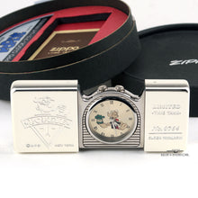 Load image into Gallery viewer, The open Zippo Limited Edition Popeye Travel Clock shows Popeye with a spinach can, the clock reads "Limited Time Tank No. 0765 Clock W/Alarm.