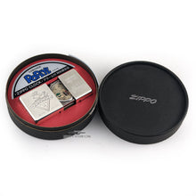 Load image into Gallery viewer, The Zippo Limited Edition Popeye Travel Clock in its round presentation box, the top of the box is black and has ZIPPO written in silver lettering.