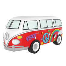 Load image into Gallery viewer, Angled front view of the red and white Hippie Van shaped power bank on a white background. It has different decorations including a peace sign, flowers, and a rainbow.