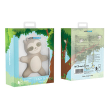 Load image into Gallery viewer, Front and back angled view of the lazy sloth power bank inside its packaging.