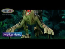 Load and play video in Gallery viewer, Review of the remote controll dinosaur showing its battery features, inspiration, controller labels, USB charging capabilities, and walking animation.