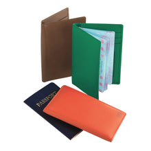Load image into Gallery viewer, The brown, green and orange wallets arranged with passports on a white background.