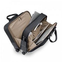 Load image into Gallery viewer, Briggs & Riley @Work Large Spinner Brief - Black
Image of Front Angled View Showing Middle Compartment with protection for your laptop.  Also featuring zippered access into the back panel compartment.  Ideal for packing overnight clothing.
	Height	Width	Depth	Weight
US	15 in	17.5 in	 9 in	        8.4 lbs.
EU	38 cm	44.5 cm	 23 cm	3.8 kg