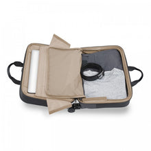 Load image into Gallery viewer, Briggs & Riley @Work Large Spinner Brief - Black
Image of Back Panel Compartment unzipped to illustrate the overnight packing capability.
	Height	Width	Depth	Weight
US	15 in	17.5 in	 9 in	        8.4 lbs.
EU	38 cm	44.5 cm	 23 cm	3.8 kg