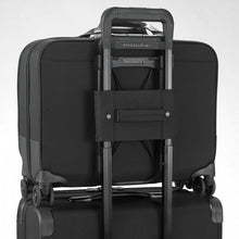 Load image into Gallery viewer, Briggs & Riley @Work Large Spinner Brief - Black
Image of Ergonomic Outsider handle grip Interlocking handle system allowing wheeled spinner brief to stack a top a Briggs Carry-On Trolley Bag.
	Height	Width	Depth	Weight
US	15 in	17.5 in	 9 in	        8.4 lbs.
EU	38 cm	44.5 cm	 23 cm	3.8 kg