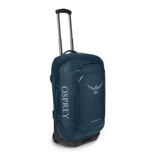 Load image into Gallery viewer, Angled front view of the blue wheeled duffle.