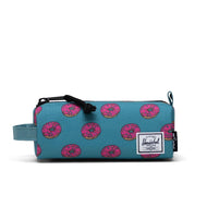 Front panel view of the turquoise pencil case with pink donuts print.