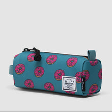 Load image into Gallery viewer, Angled view of the turquoise pencil case with pink donuts print.
