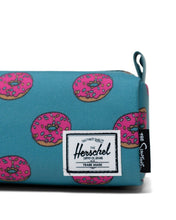 Load image into Gallery viewer, Close up to the Herschel logo tag sown into the pencil case.
