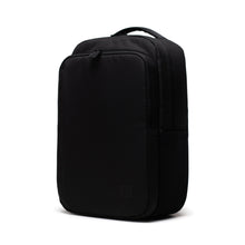Load image into Gallery viewer, Angled front panel view of the black Kaslo backpack. 
