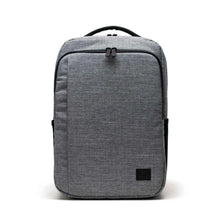 Load image into Gallery viewer, Front panel view of the Raven Crosshatch gray backpack. 
