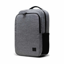Load image into Gallery viewer, Angled front panel view of the raven crosshatch gray backpack. 
