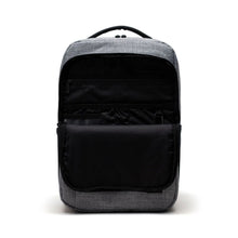Load image into Gallery viewer,  Front view of the Raven Crosshatch backpack with the main compartment unzipped. 
