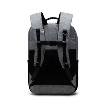 Load image into Gallery viewer, Back panel view of the raven crosshatch backpack with the shoulder straps lifted. 
