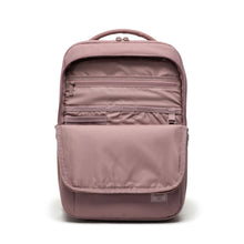 Load image into Gallery viewer, Interior view of the Ash Pink backpack's front pockets.
