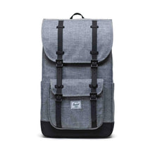 Load image into Gallery viewer, Front panel view of the gray and black raven crosshatch backpack.
