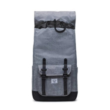 Load image into Gallery viewer, Front panel view of the raven crosshatch backpack with the top lid flipped back. 
