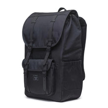 Load image into Gallery viewer, Angled front panel view of the black tonal backpack.
