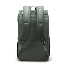 Load image into Gallery viewer, Back panel view of the Little America backpack in Sea Spray Green backpack with adjustable padded straps.
