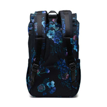 Load image into Gallery viewer, Back panel view of the black backpack with floral print and padded shoulder straps.
