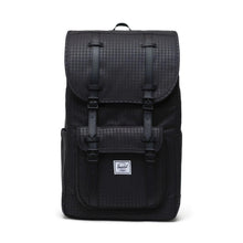 Load image into Gallery viewer, Front view of the black backpack with hounds tooth pattern and Herschel logo on a white background. 
