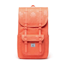 Load image into Gallery viewer, Front panel view of the coral floral backpack. 
