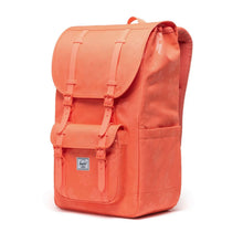 Load image into Gallery viewer, Angled front view of the coral floral backpack. 
