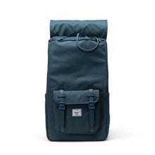 Load image into Gallery viewer, Front view of the orion blue backpack with the top flap lid folded back.
