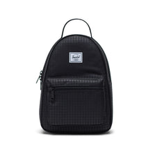Load image into Gallery viewer, Black mini backpack with hounds tooth pattern and Herschel logo on a white background.
