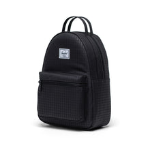 Load image into Gallery viewer, Black mini backpack with hounds tooth pattern and Herschel logo on a white background.
