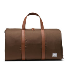 Load image into Gallery viewer, Front view of the dark earth brown bag with tan grab handles
