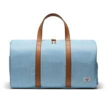 Load image into Gallery viewer, Front view of the bluebell crosshatch bag with tan grab handles. 
