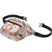 Load image into Gallery viewer, Angled view of the hip bag with foreign bills print pattern. The adjustable straps are detached.
