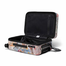 Load image into Gallery viewer, Interior view of the suitcase, featuring a zipper-closing panel divider, TSA combination lock, and grip handles.

