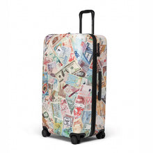 Load image into Gallery viewer, Angled front panel view of the suitcase with foreign bills print. 
