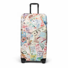 Load image into Gallery viewer, Front panel view of the hard shell suitcase with foreign bills print. 
