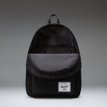 Load image into Gallery viewer, Front panel view of the black backpack with the main compartment opened. It features black fabric for the interior lining. 
