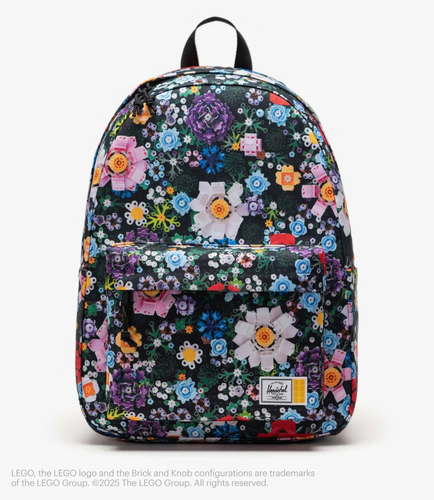 Backpack with colorful floral pattern on a white background