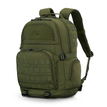 Load image into Gallery viewer, Angled front view of a moss green military-styled backpack with the shoulder straps pulled up. 
