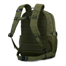 Load image into Gallery viewer, Angled back panel view of the moss green backpack. It features adjustable shoulder, sternum and waist straps. 

