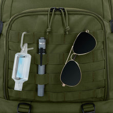 Load image into Gallery viewer, Close up to the front panel's carabiner straps. A hand sanitizer, screwdriver set and pair of sunglasses are hanging from them. 
