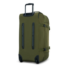 Load image into Gallery viewer, Angled back panel view of the large moss green duffle bag with black accents. The telescopic handle is pulled up. 
