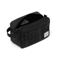 Load image into Gallery viewer, Angled interior view of the Plaid Embossed Black Travel Kit bag.
