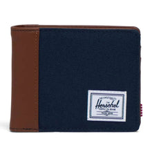 Load image into Gallery viewer, Front view of the navy and tan Charlie wallet. 
