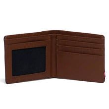 Load image into Gallery viewer, The navy and tan Hank wallet, unfolded. It features pockets for credit cards, cash, and a windowed ID compartment.
