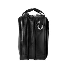 Load image into Gallery viewer, Side panel view of the black leather briefcase with the expandable feature unzipped.
